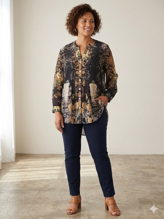 Soft Surroundings Tops - Soft Surroundings 1X Mixed Print Baroque Floral Pintuck Tunic Blouse Fall 2025